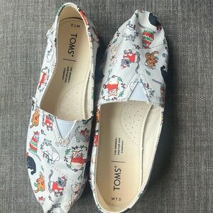 Toms Womens Belmont Christmas Holiday Cats Canvas Flat Shoes Casual Slip On